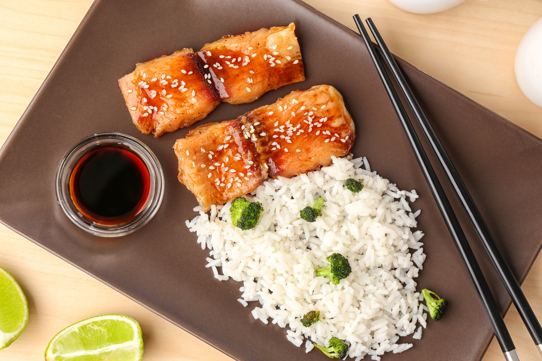 Fish Fillet, Rice, and Soy Sauce on Plate